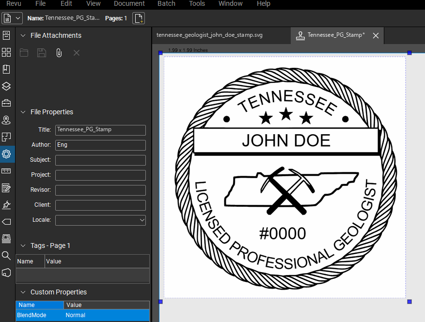Tennessee Geologist stamp applied to a PDF drawing in Bluebeam Revu
