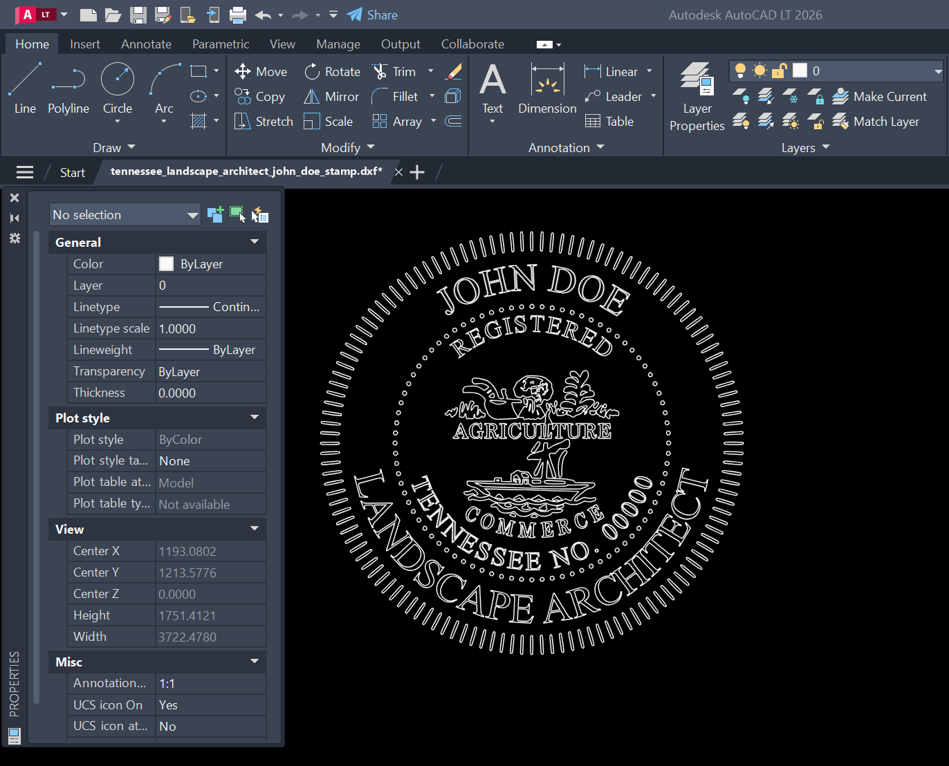 Tennessee Landscape Architect stamp DXF opened in AutoCAD