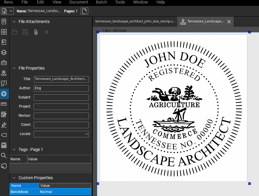 Tennessee Landscape Architect stamp applied to a PDF drawing in Bluebeam Revu