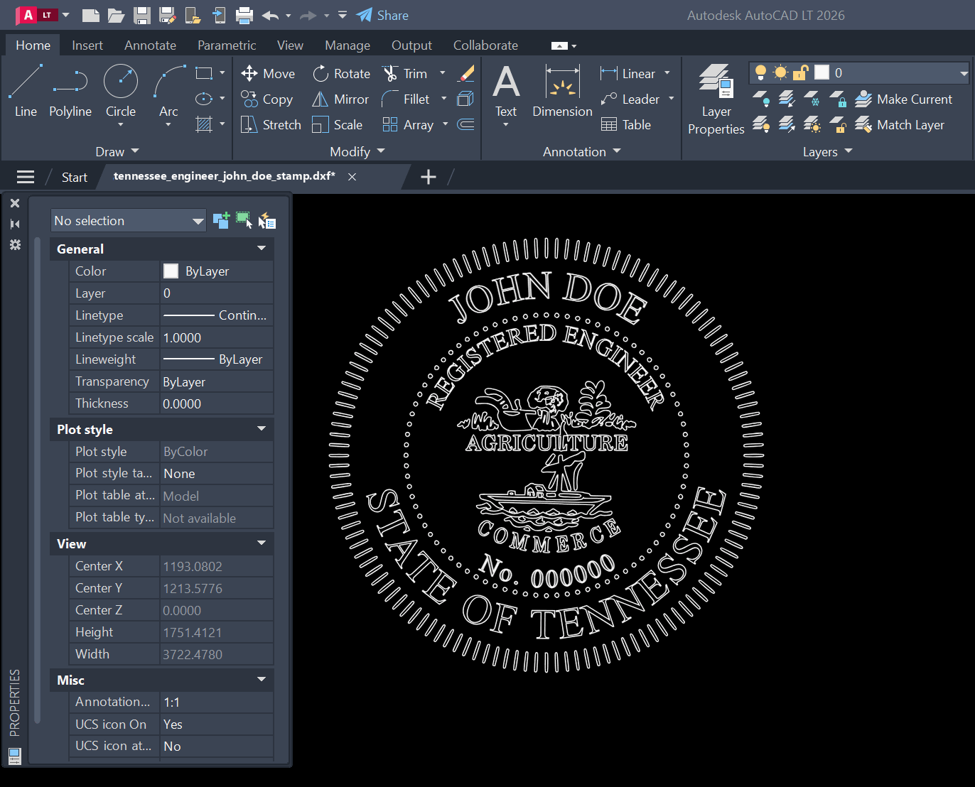 Tennessee PE stamp DXF opened in AutoCAD