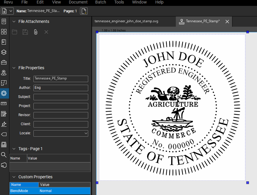 Tennessee PE stamp applied to a PDF drawing in Bluebeam Revu