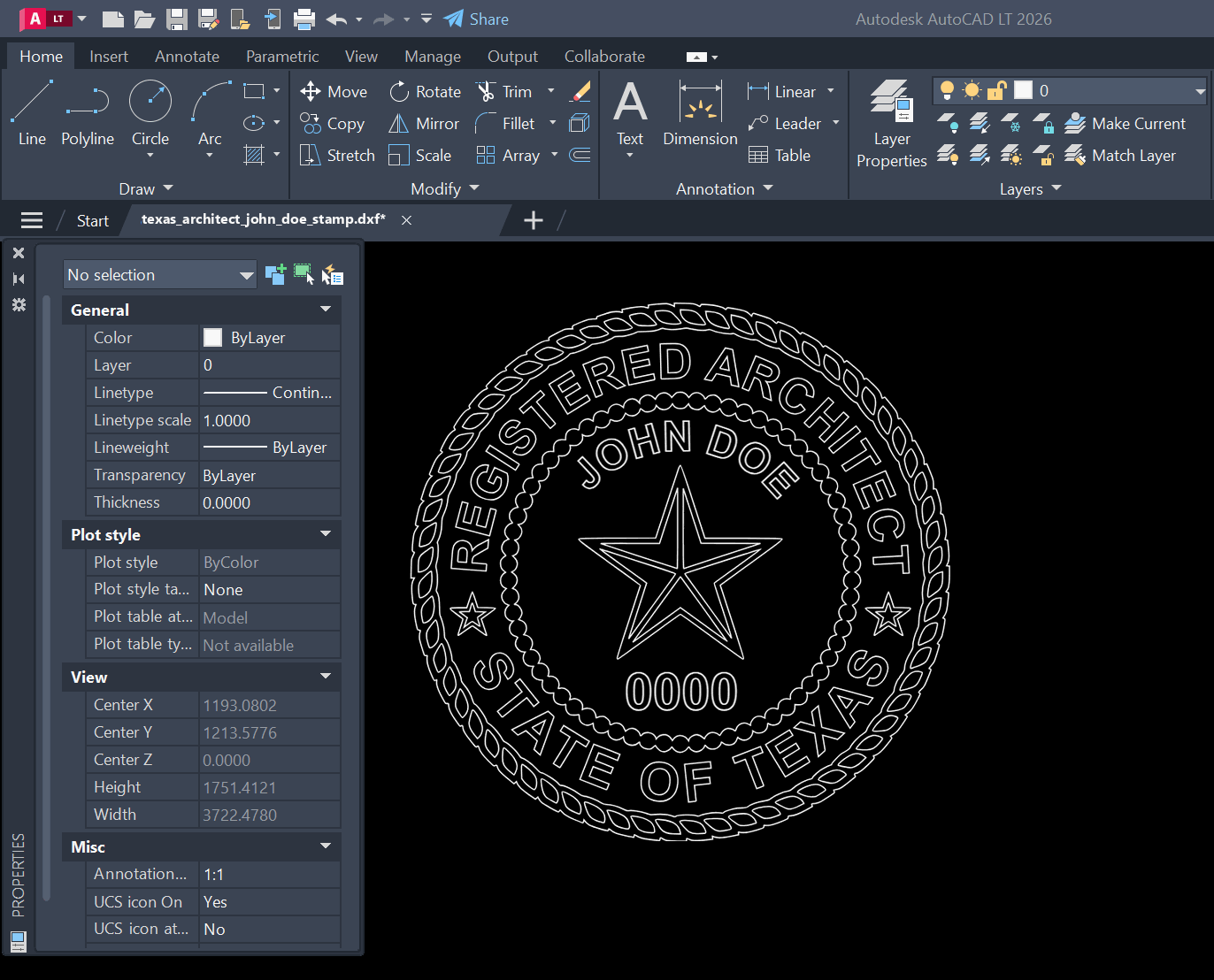 Texas Architect stamp DXF opened in AutoCAD