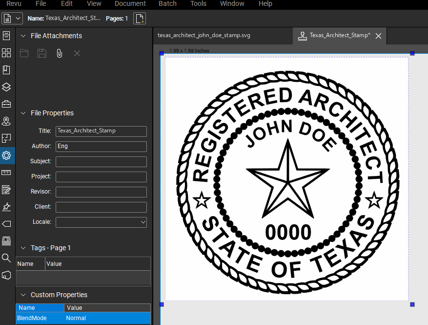 Texas Architect stamp applied to a PDF drawing in Bluebeam Revu