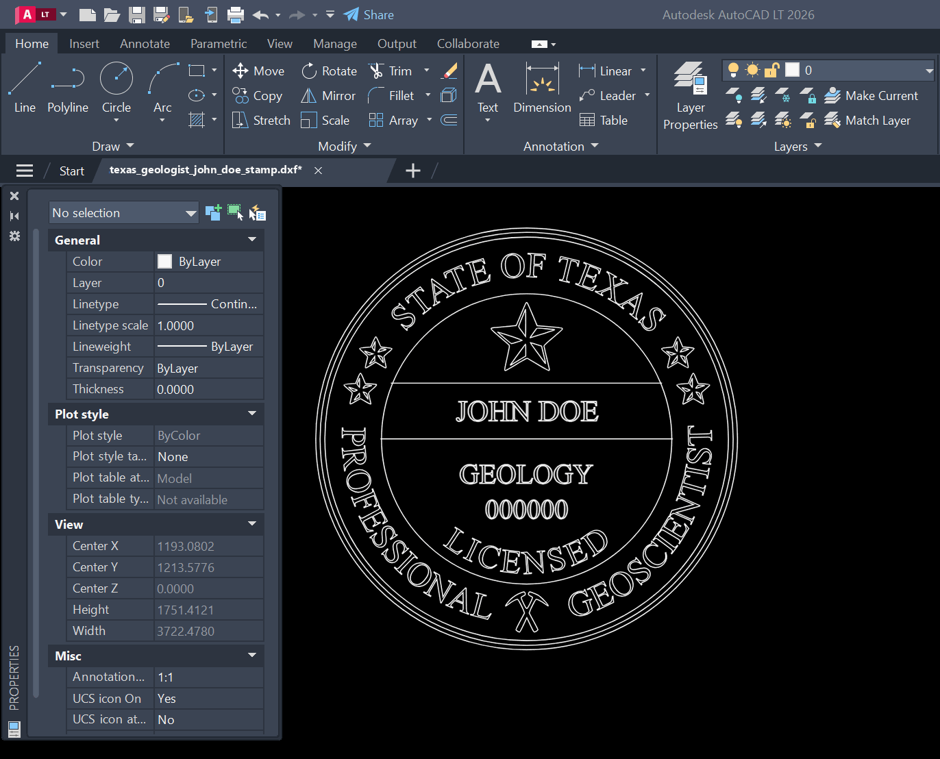 Texas Geologist stamp DXF opened in AutoCAD