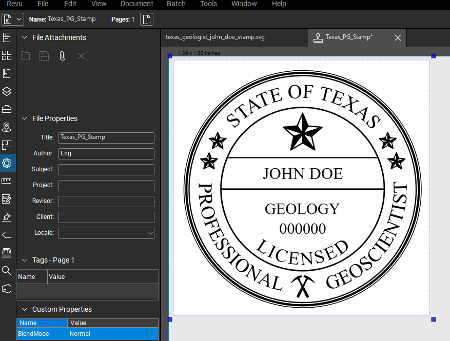 Texas Geologist stamp applied to a PDF drawing in Bluebeam Revu