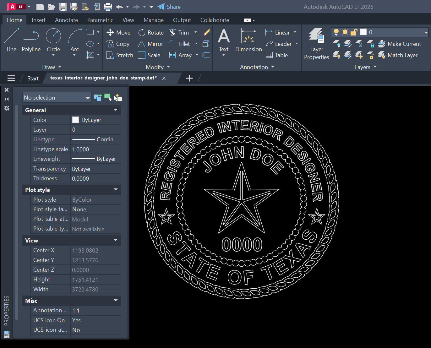 Texas Interior Designer stamp DXF opened in AutoCAD