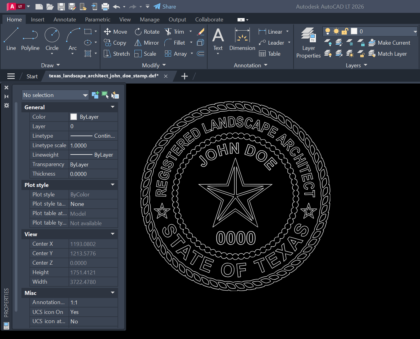 Texas Landscape Architect stamp DXF opened in AutoCAD