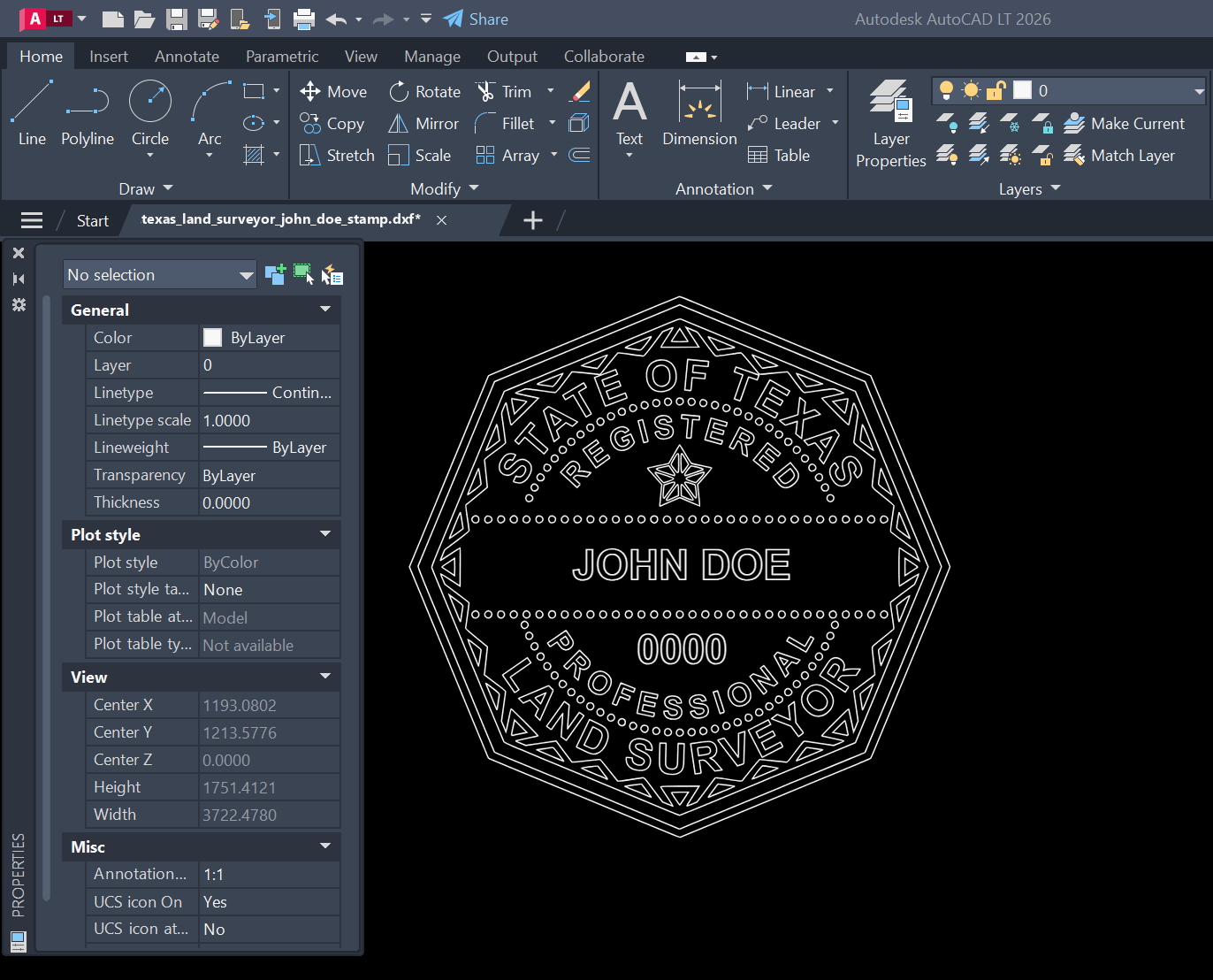 Texas Land Surveyor stamp DXF opened in AutoCAD