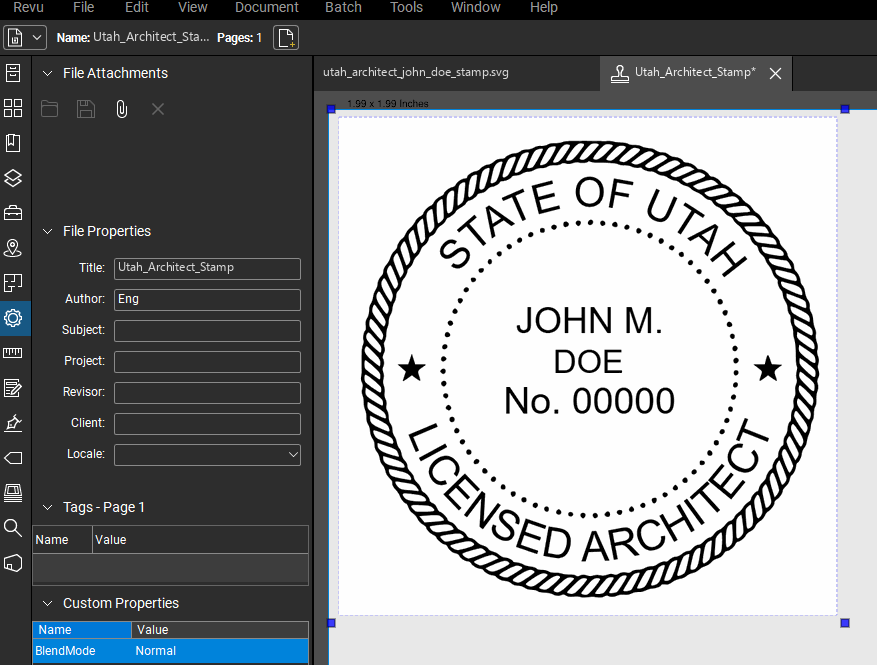 Utah Architect stamp applied to a PDF drawing in Bluebeam Revu