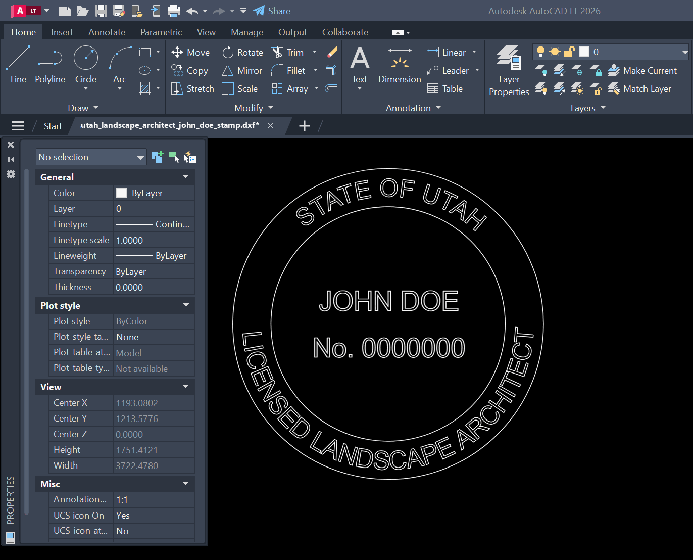 Utah Landscape Architect stamp DXF opened in AutoCAD