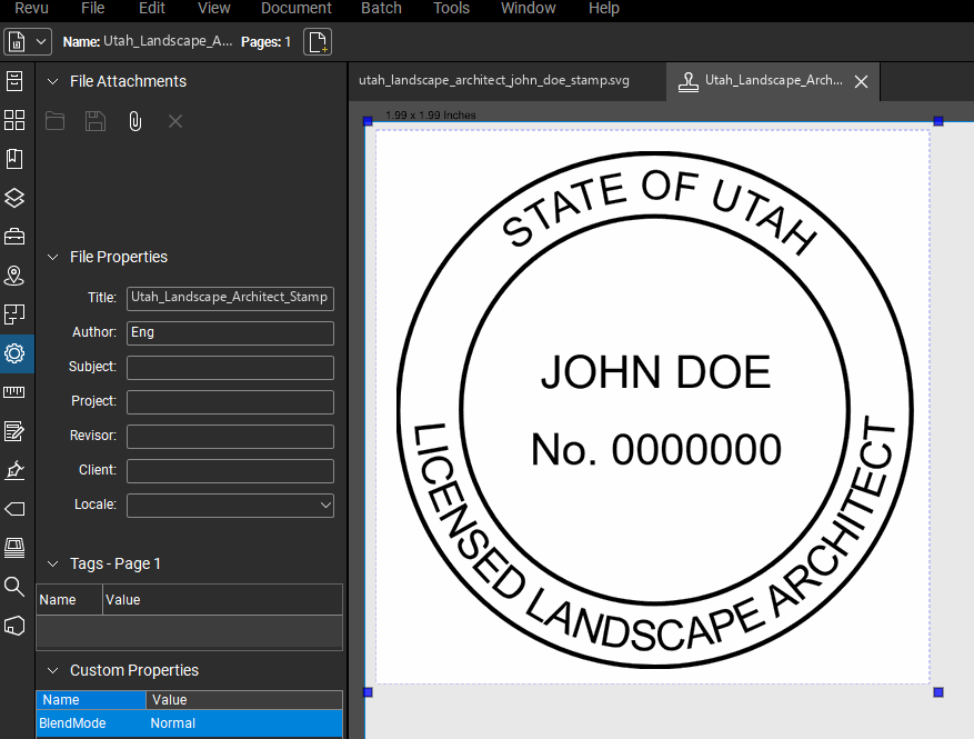 Utah Landscape Architect stamp applied to a PDF drawing in Bluebeam Revu