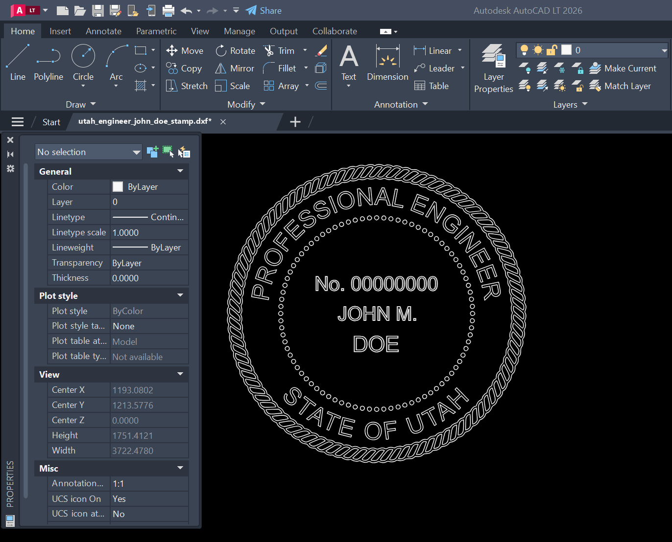 Utah PE stamp DXF opened in AutoCAD