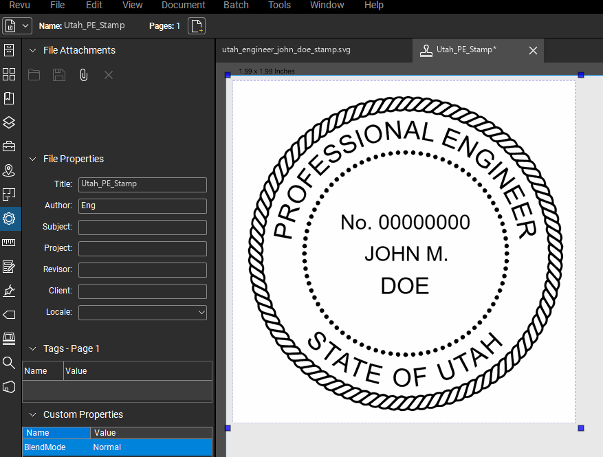 Utah PE stamp applied to a PDF drawing in Bluebeam Revu