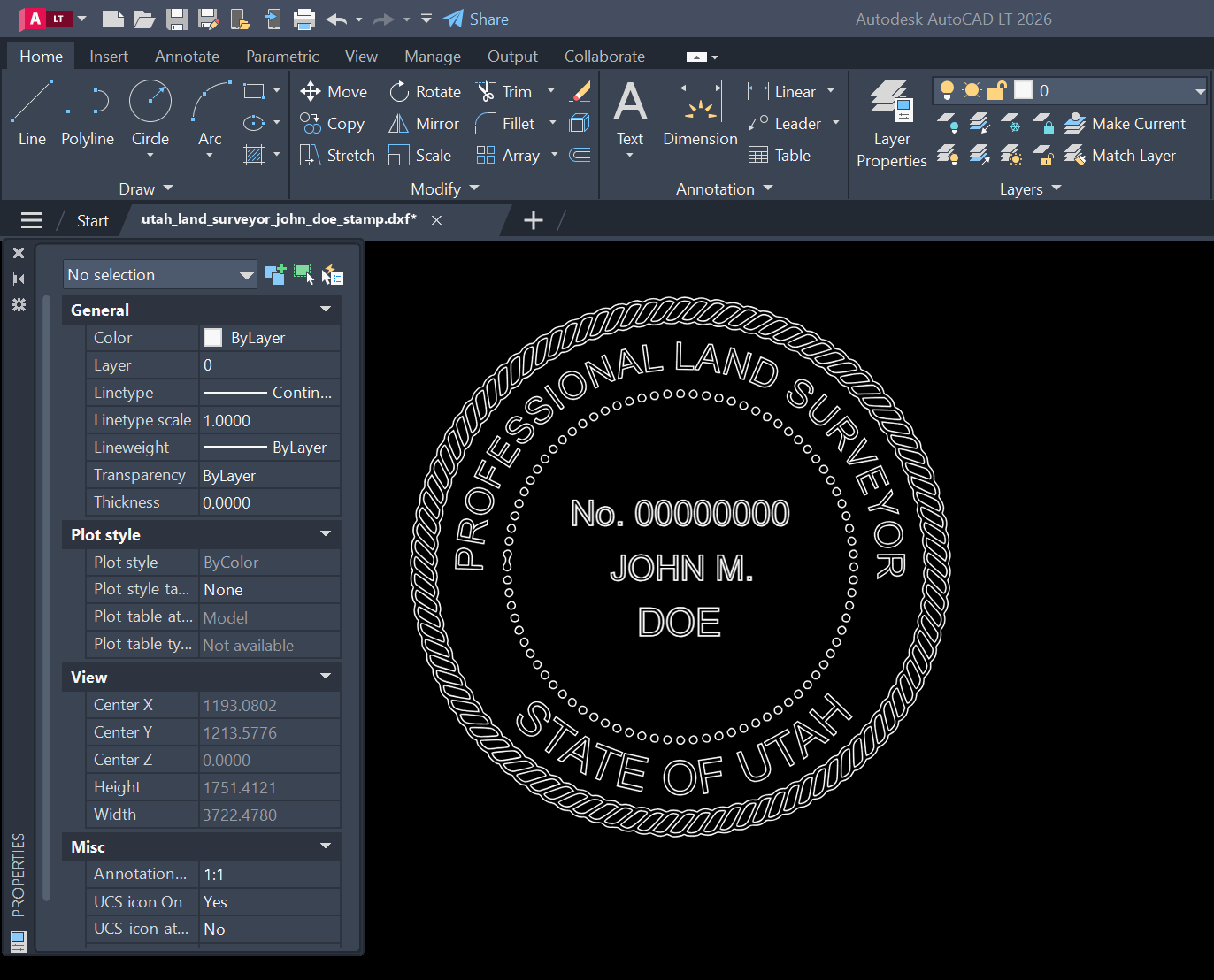 Utah Land Surveyor stamp DXF opened in AutoCAD