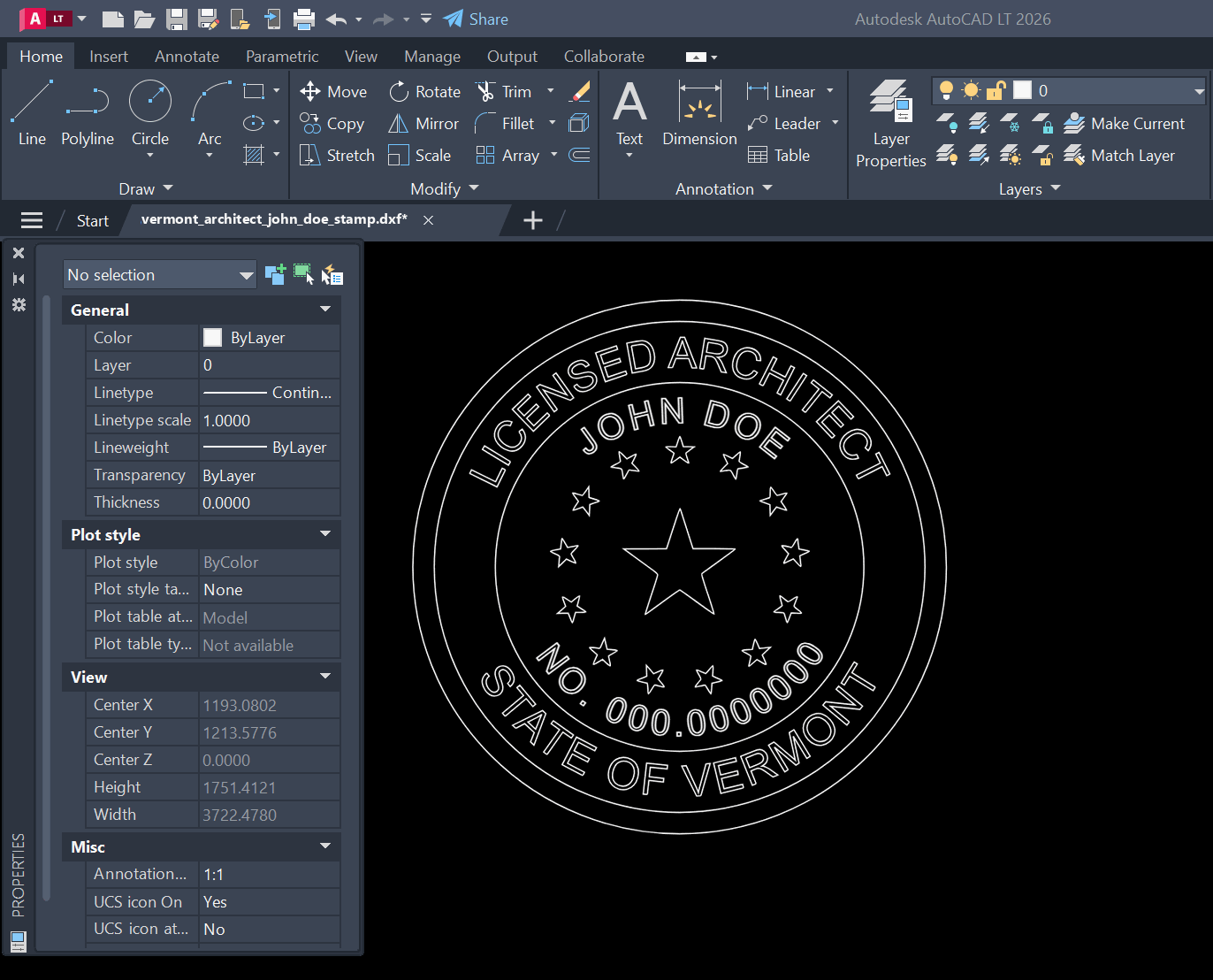 Vermont Architect stamp DXF opened in AutoCAD