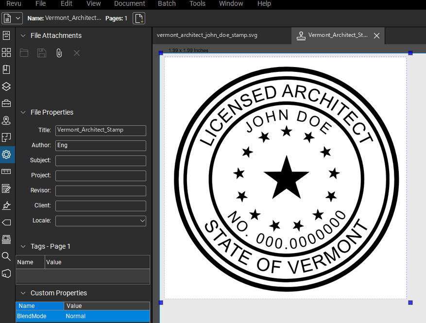 Vermont Architect stamp applied to a PDF drawing in Bluebeam Revu