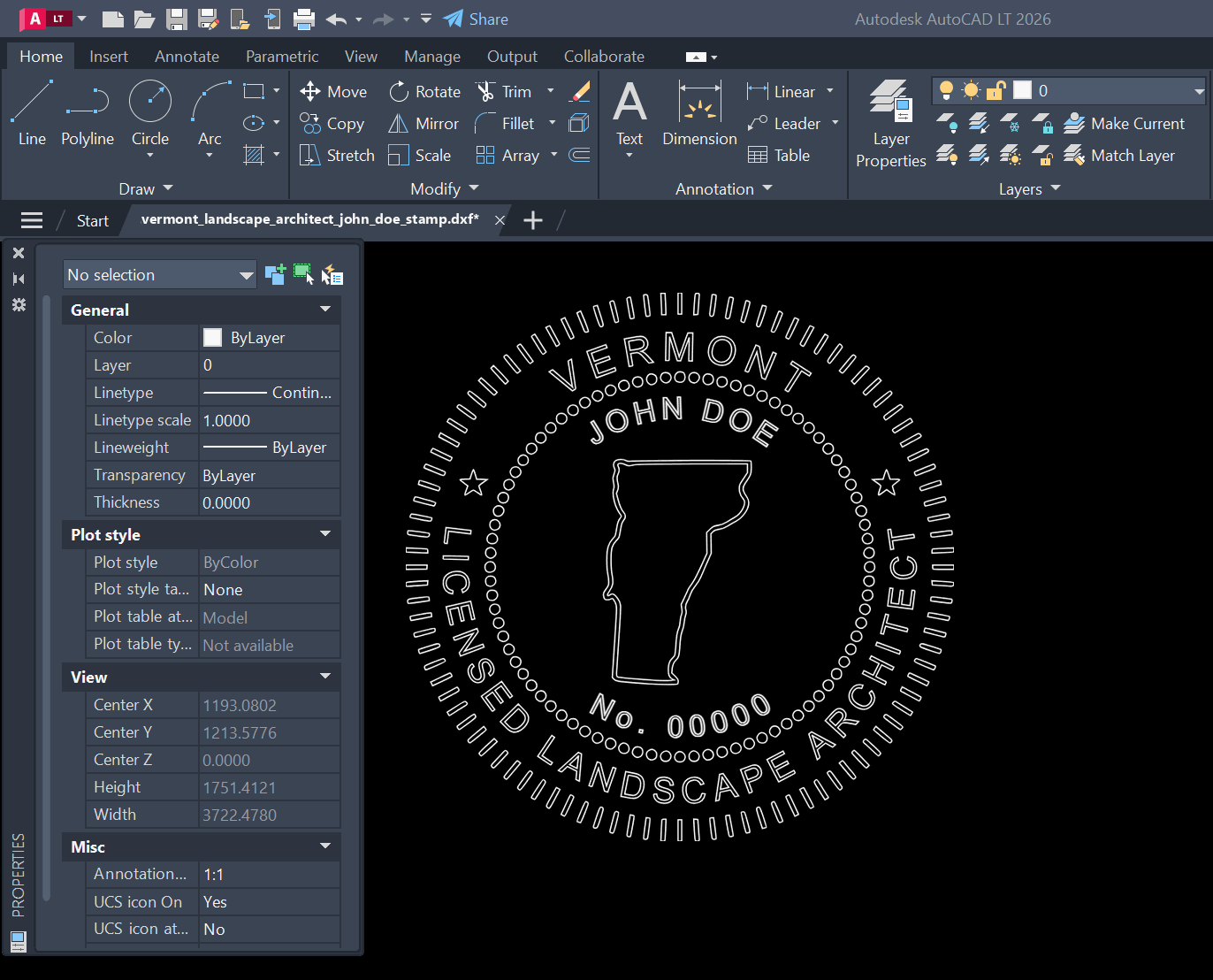 Vermont Landscape Architect stamp DXF opened in AutoCAD