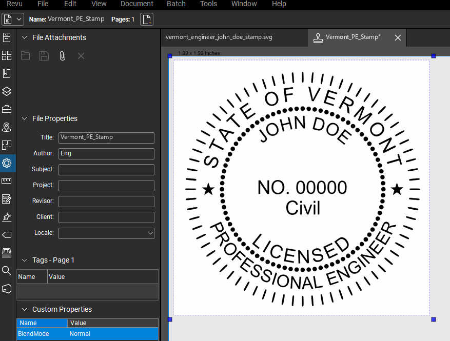 Vermont PE stamp applied to a PDF drawing in Bluebeam Revu