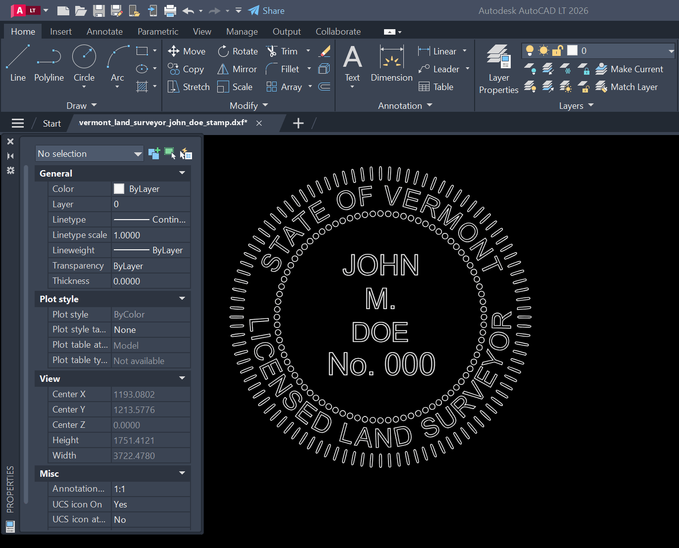 Vermont Land Surveyor stamp DXF opened in AutoCAD