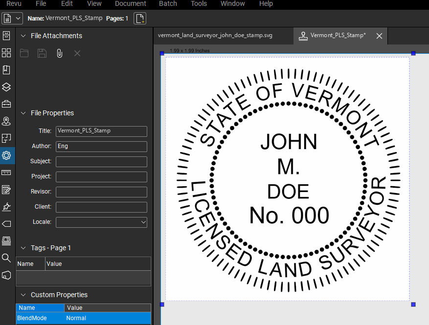 Vermont Land Surveyor stamp applied to a PDF drawing in Bluebeam Revu