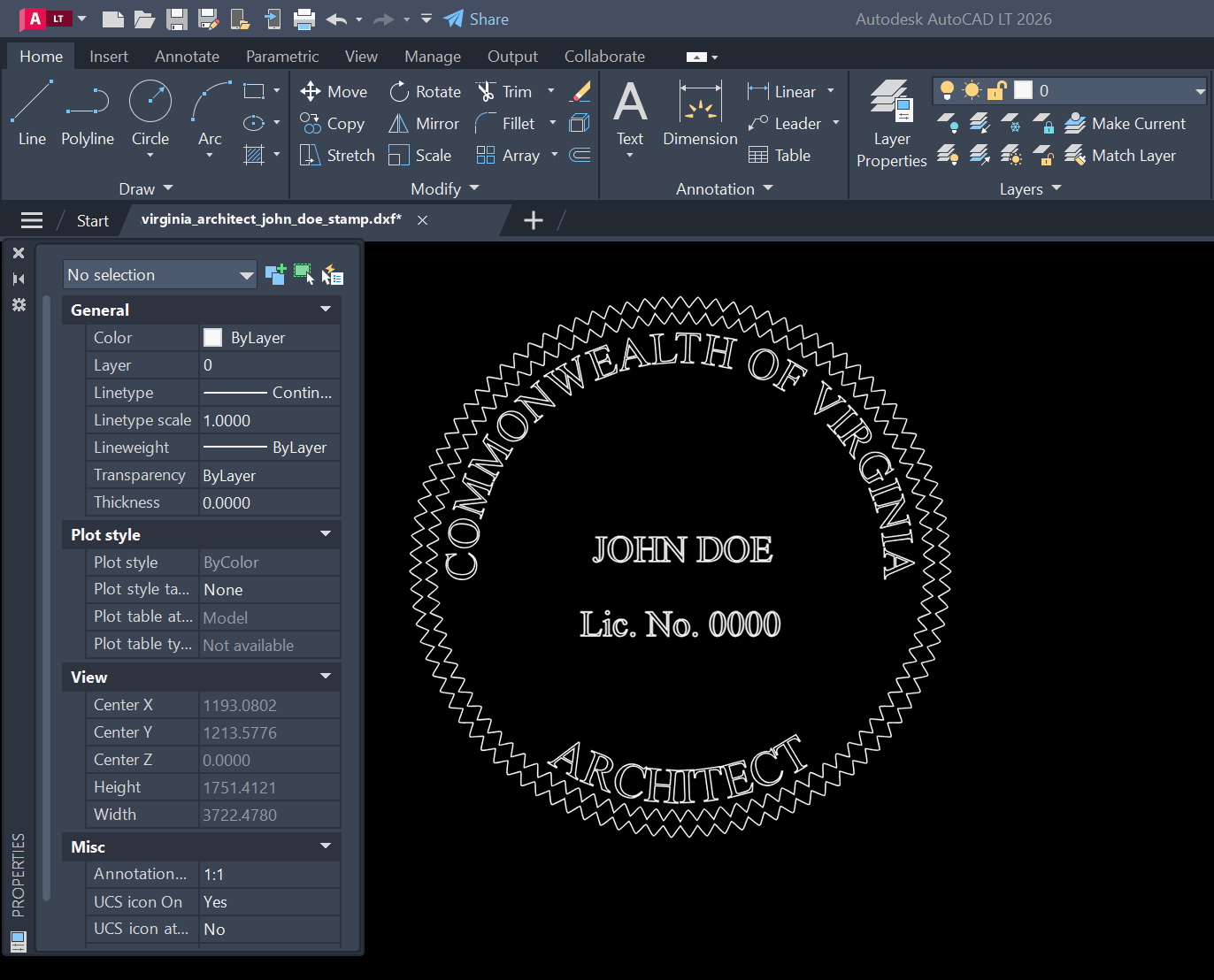 Virginia Architect stamp DXF opened in AutoCAD