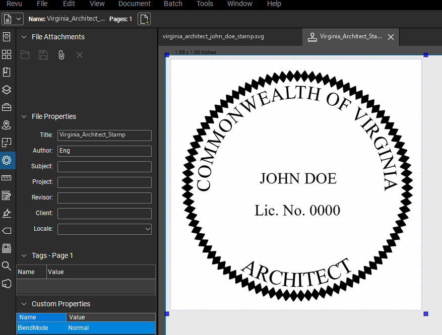 Virginia Architect stamp applied to a PDF drawing in Bluebeam Revu
