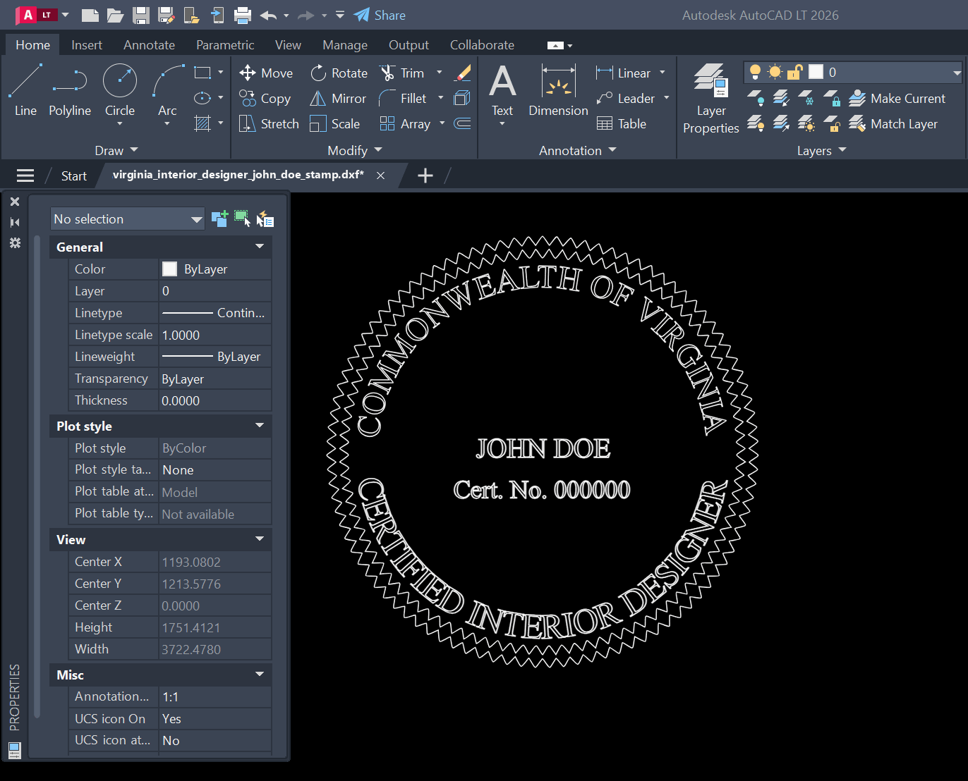Virginia Interior Designer stamp DXF opened in AutoCAD