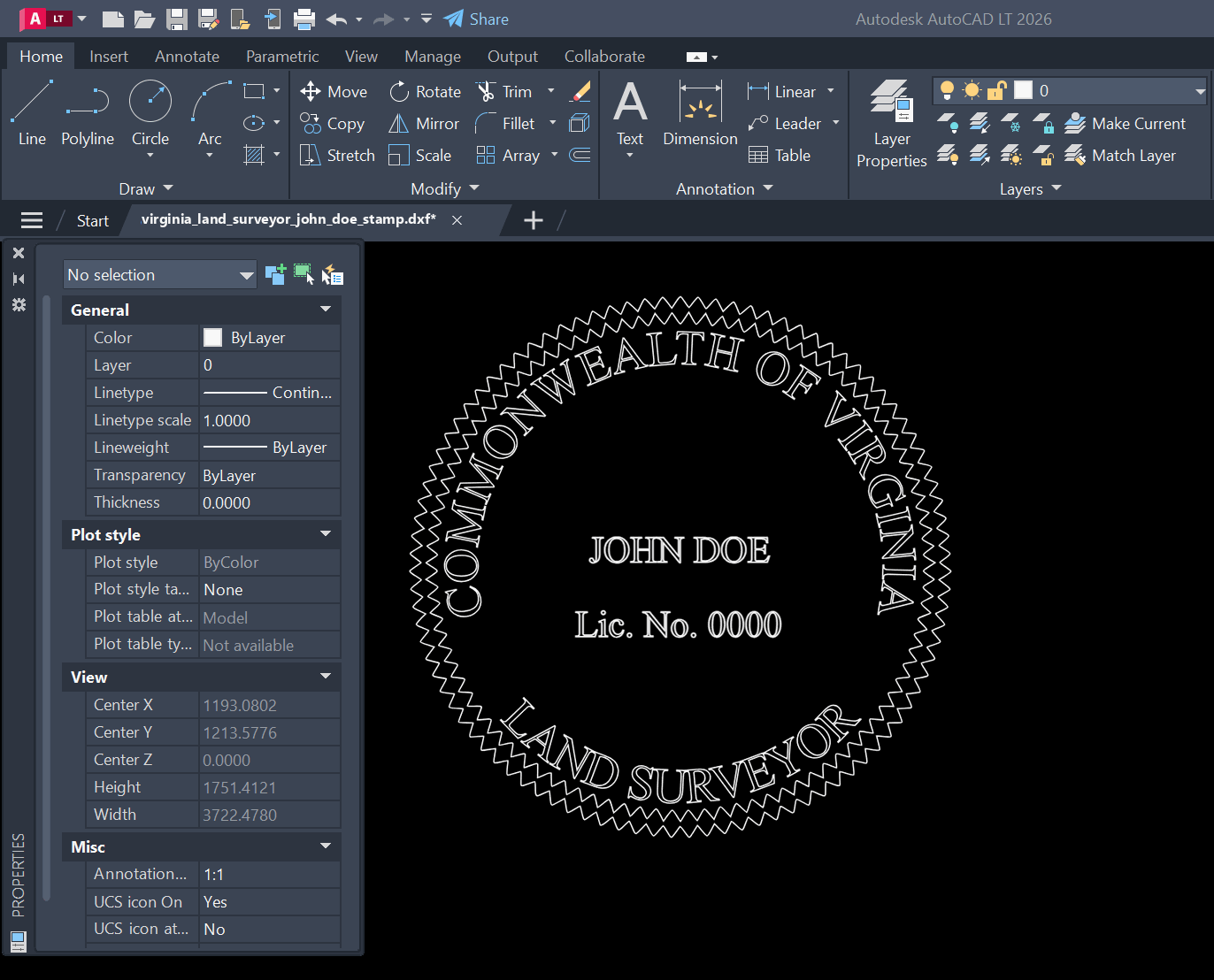 Virginia Land Surveyor stamp DXF opened in AutoCAD