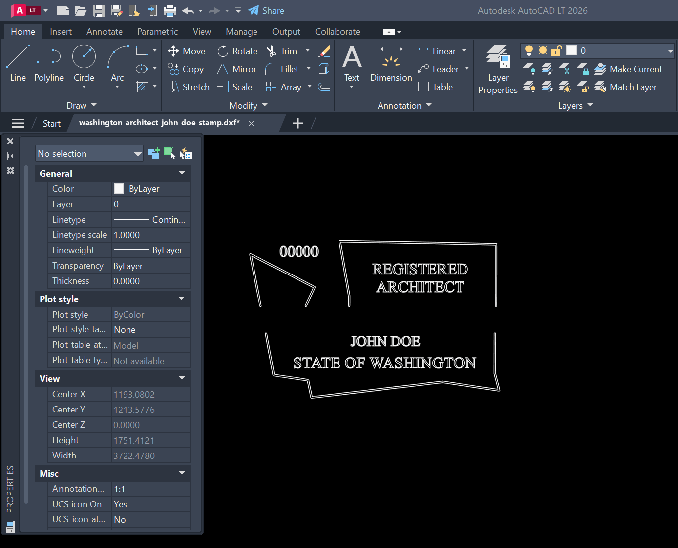Washington Architect stamp DXF opened in AutoCAD
