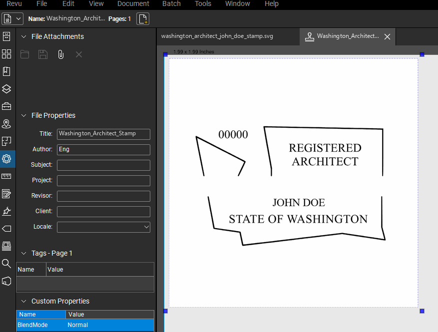 Washington Architect stamp applied to a PDF drawing in Bluebeam Revu
