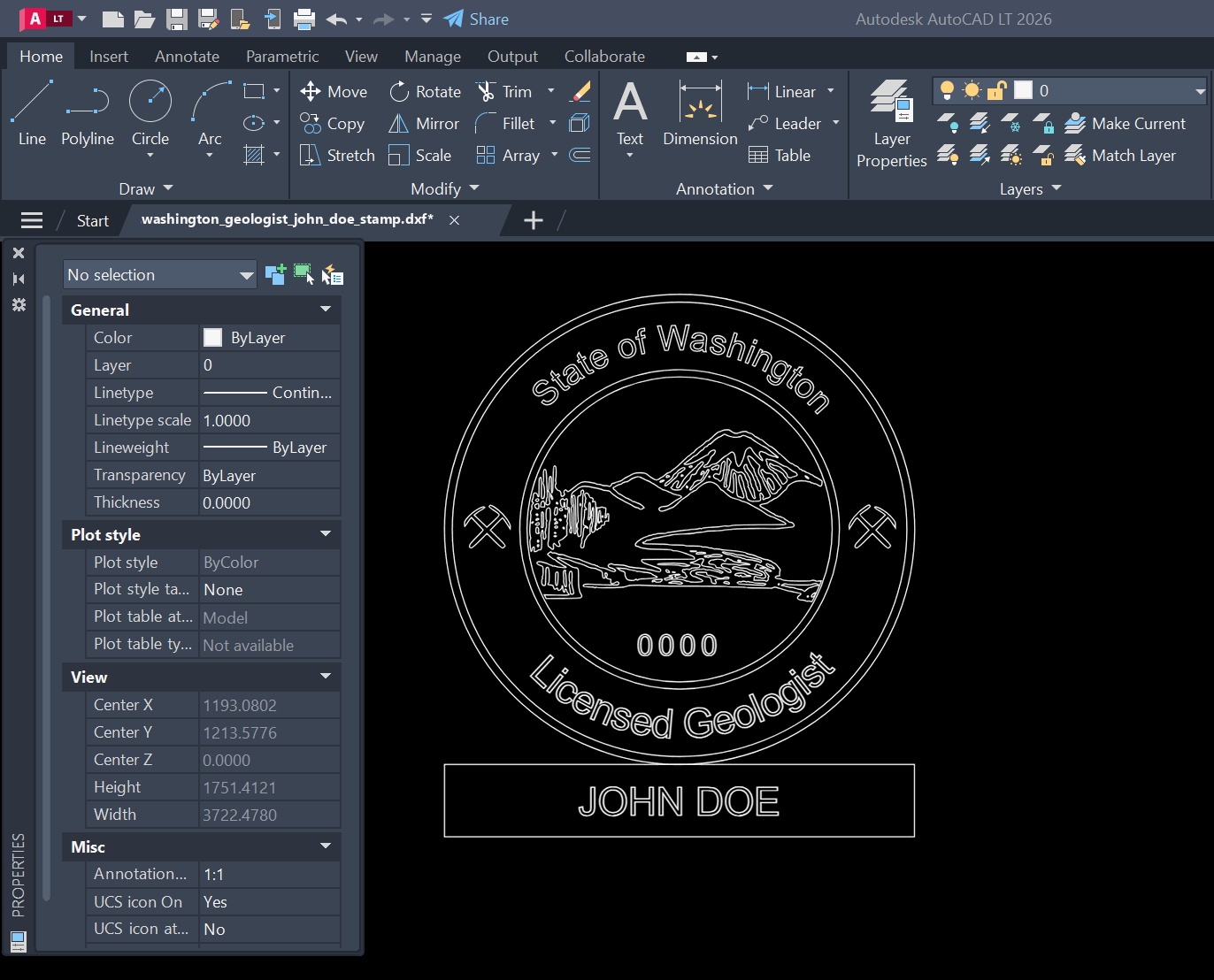 Washington Geologist stamp DXF opened in AutoCAD