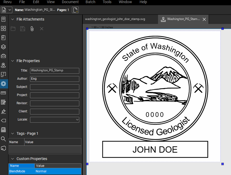 Washington Geologist stamp applied to a PDF drawing in Bluebeam Revu