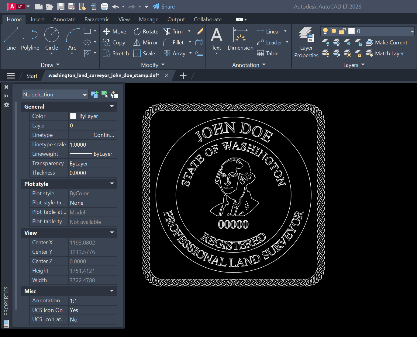 Washington Land Surveyor stamp DXF opened in AutoCAD