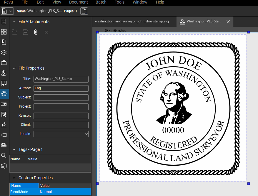 Washington Land Surveyor stamp applied to a PDF drawing in Bluebeam Revu