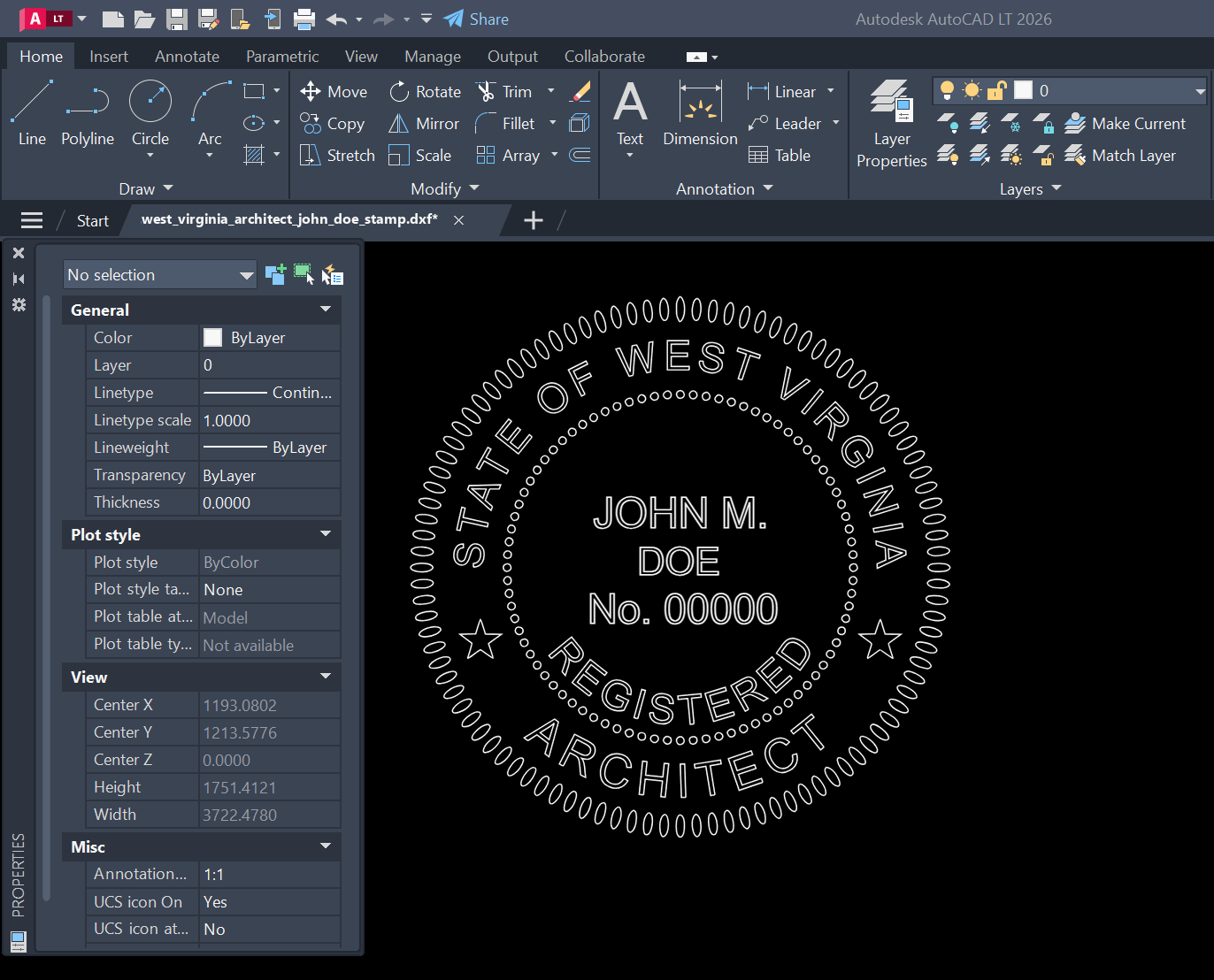 West Virginia Architect stamp DXF opened in AutoCAD