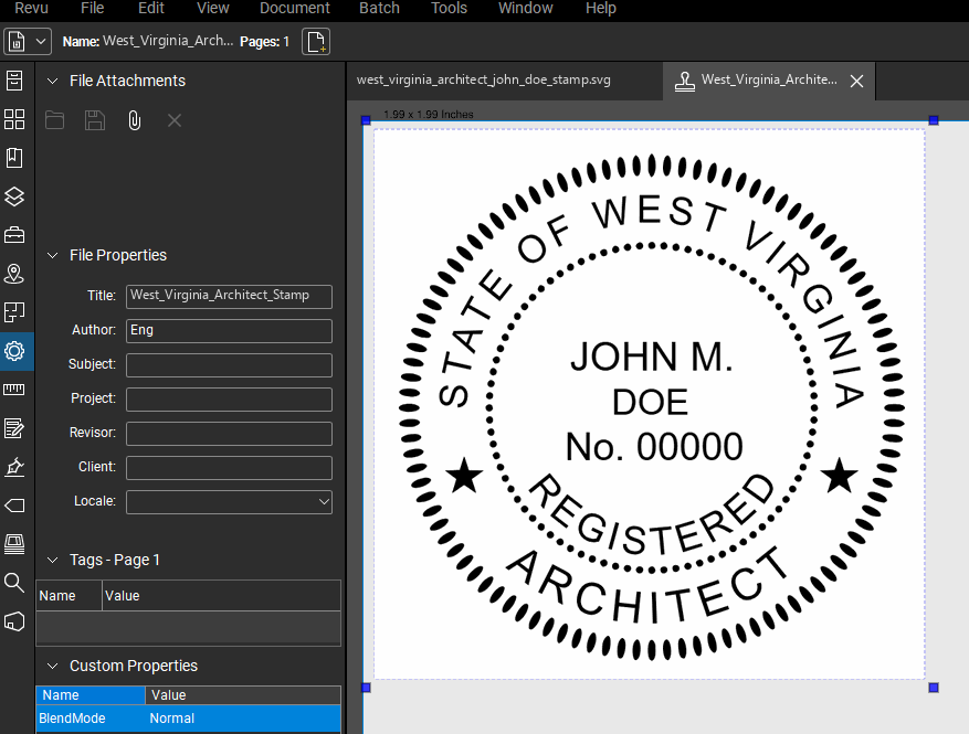 West Virginia Architect stamp applied to a PDF drawing in Bluebeam Revu