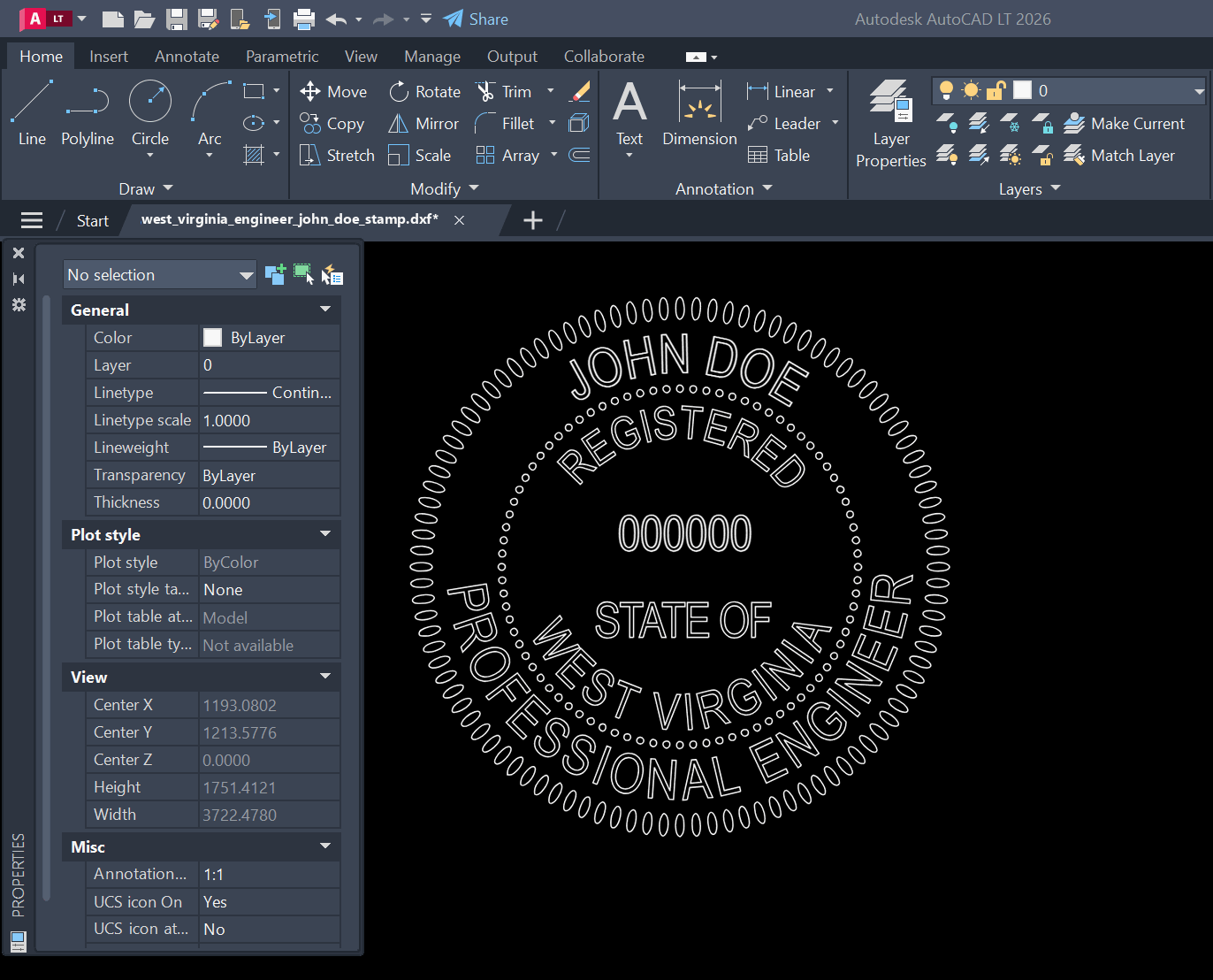 West Virginia PE stamp DXF opened in AutoCAD