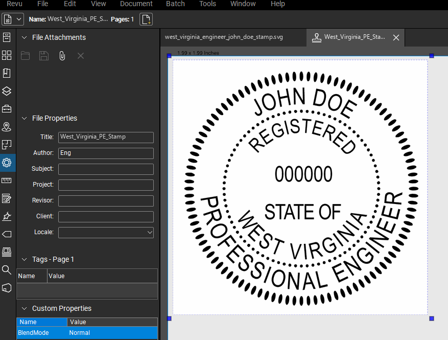 West Virginia PE stamp applied to a PDF drawing in Bluebeam Revu