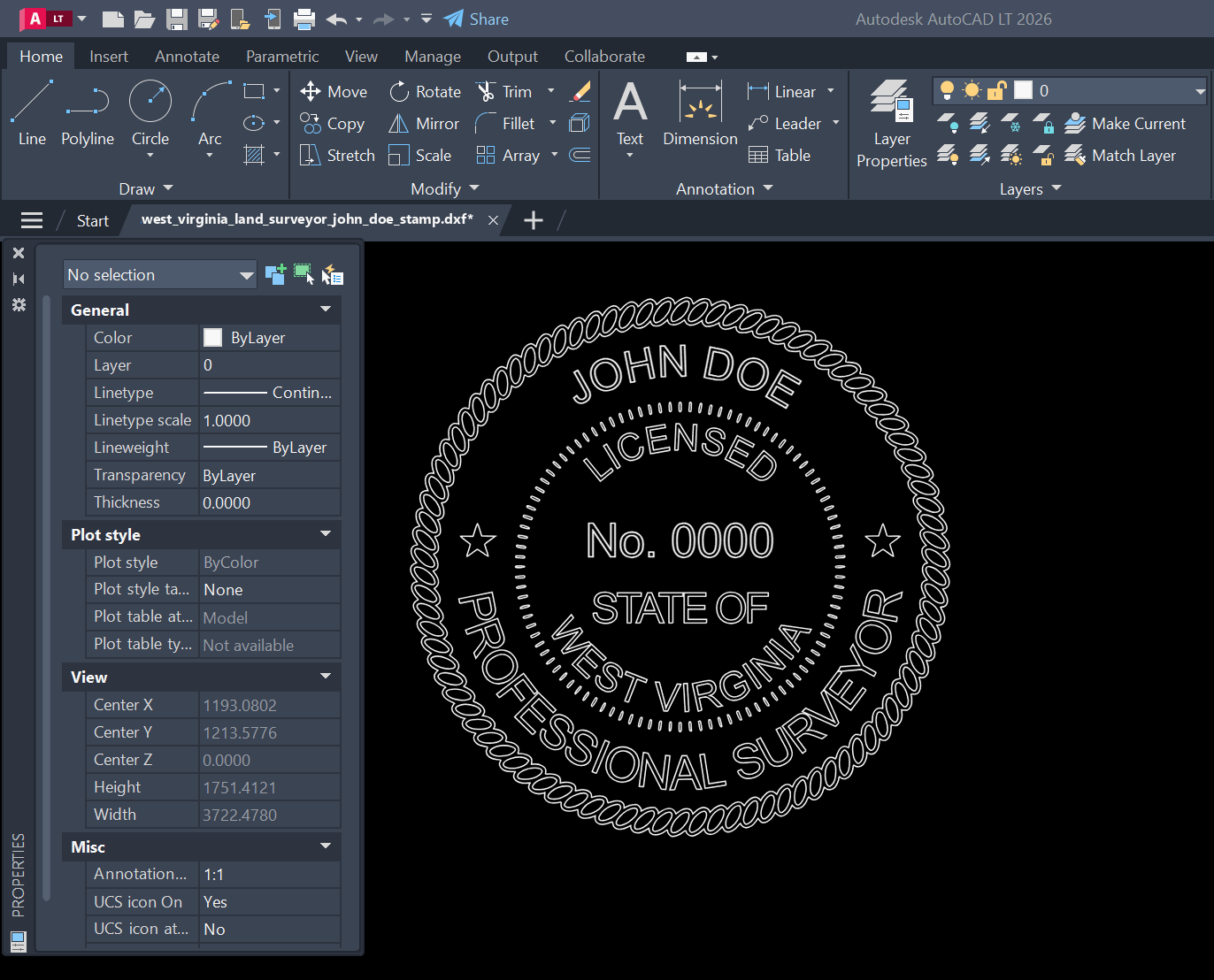 West Virginia Land Surveyor stamp DXF opened in AutoCAD