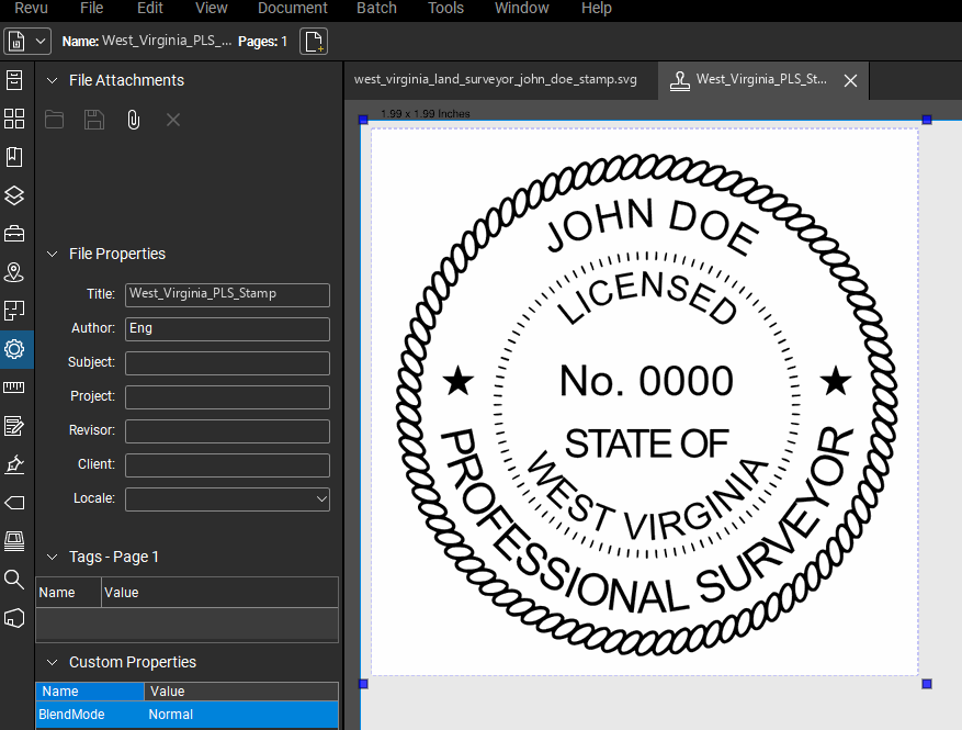 West Virginia Land Surveyor stamp applied to a PDF drawing in Bluebeam Revu