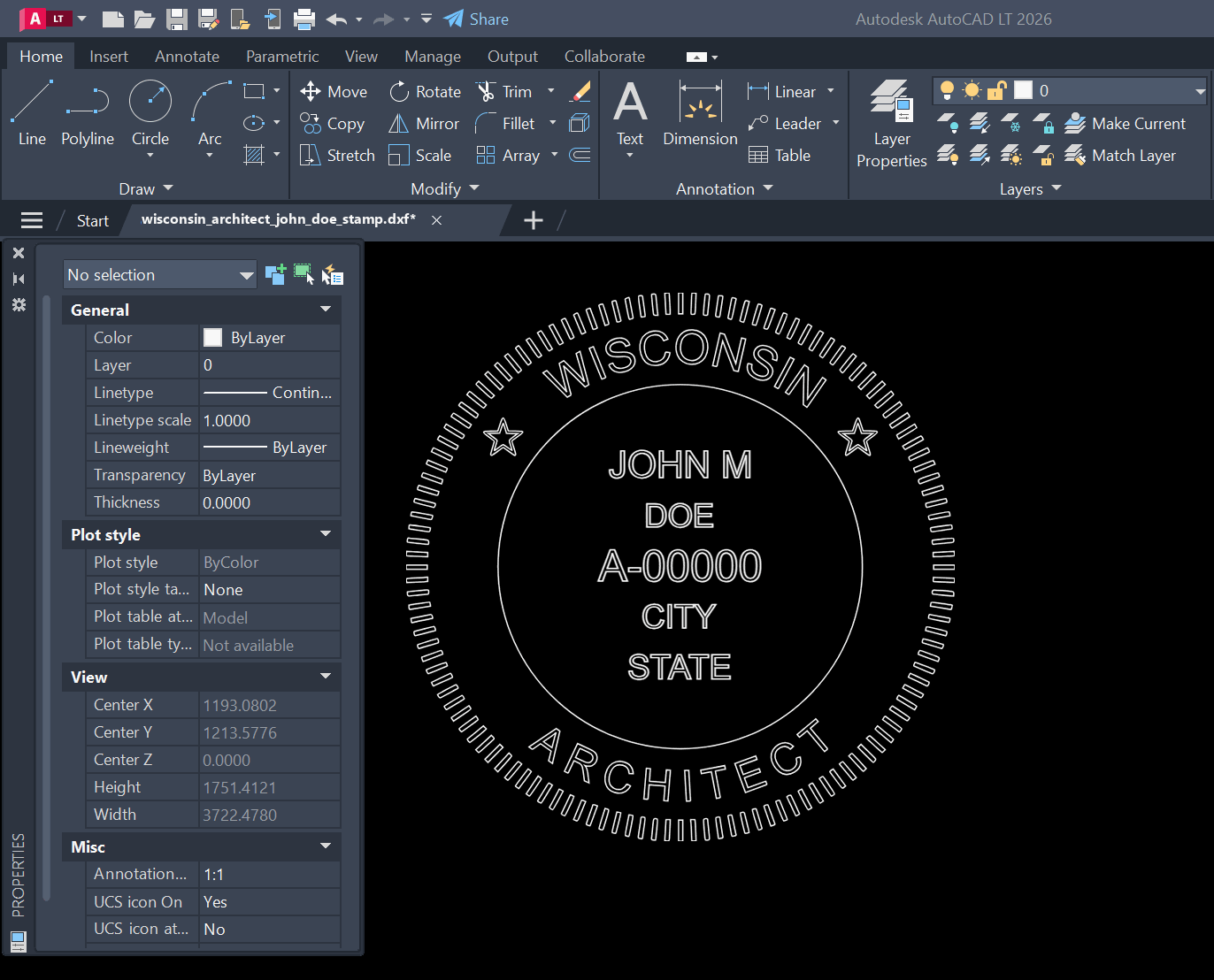 Wisconsin Architect stamp DXF opened in AutoCAD