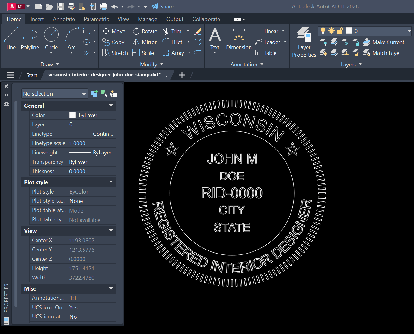 Wisconsin Interior Designer stamp DXF opened in AutoCAD