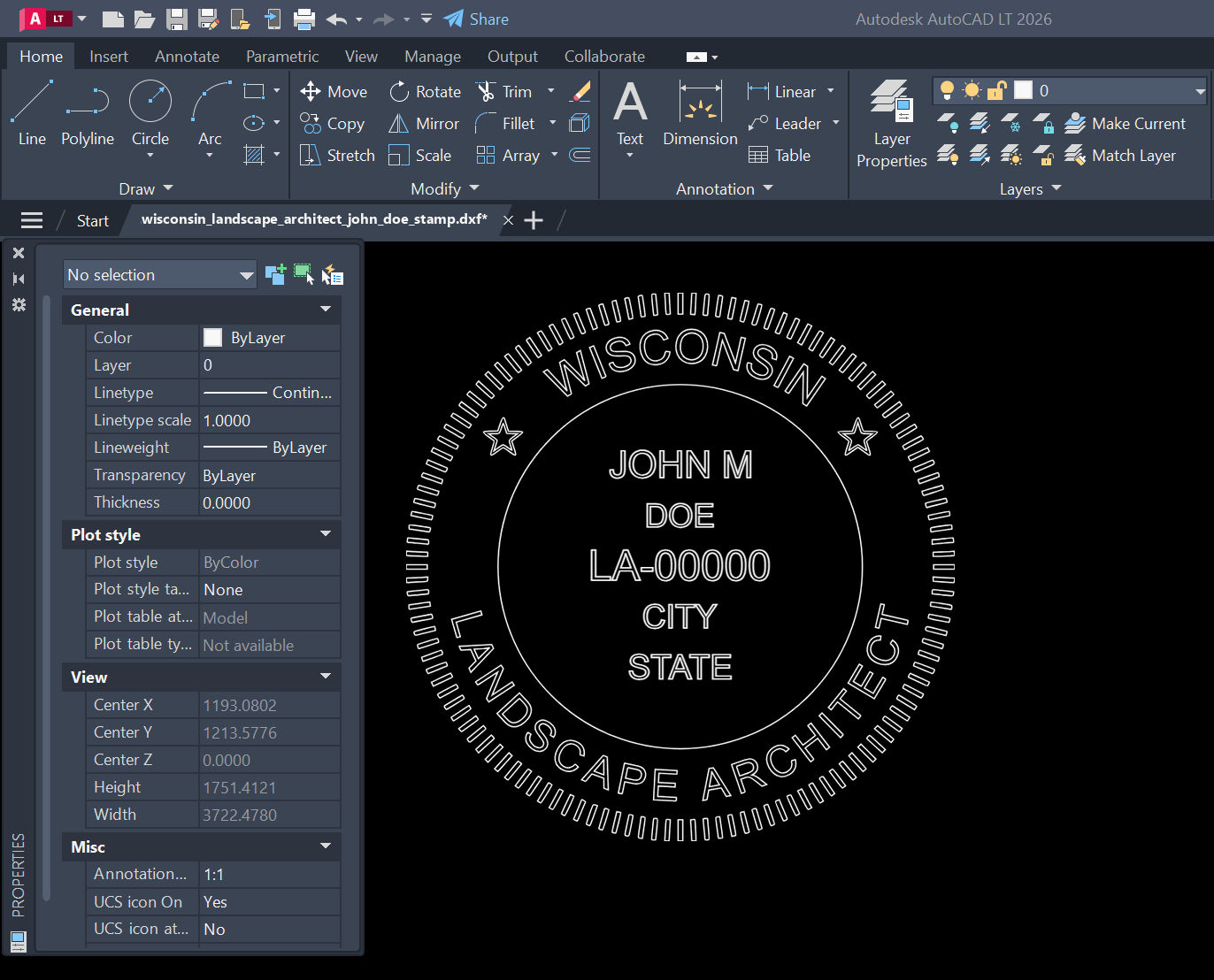 Wisconsin Landscape Architect stamp DXF opened in AutoCAD
