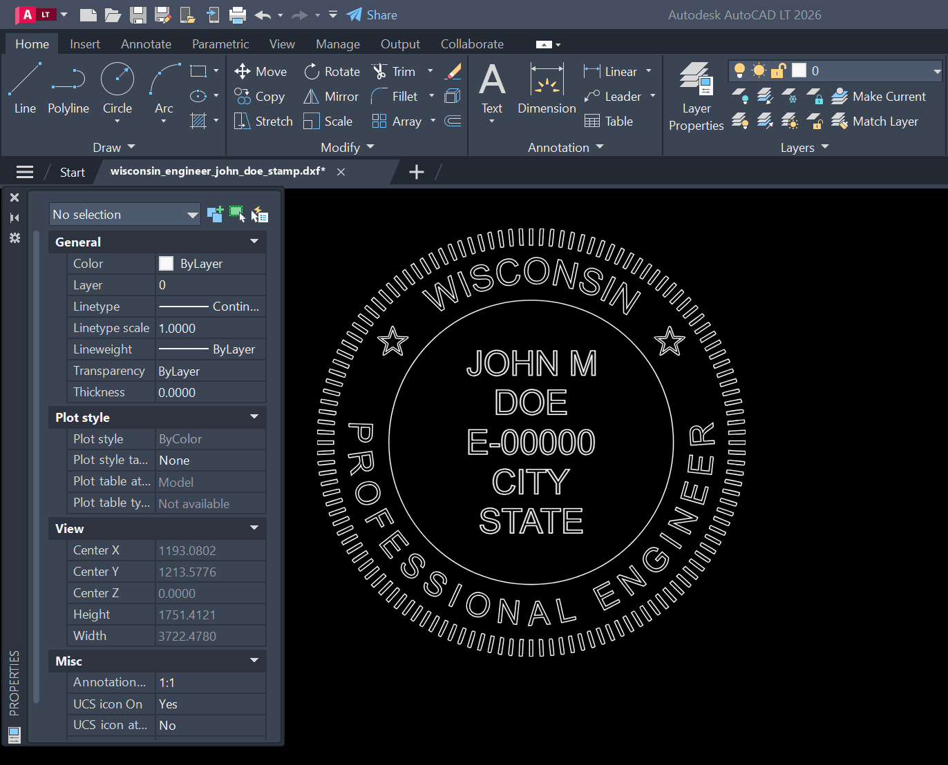 Wisconsin PE stamp DXF opened in AutoCAD