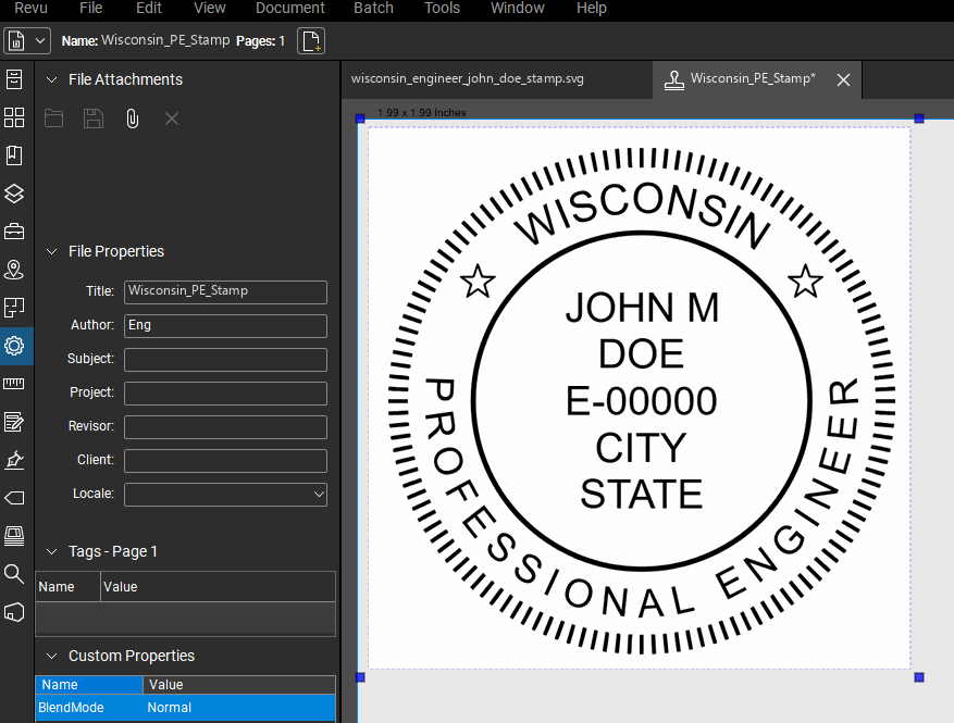 Wisconsin PE stamp applied to a PDF drawing in Bluebeam Revu