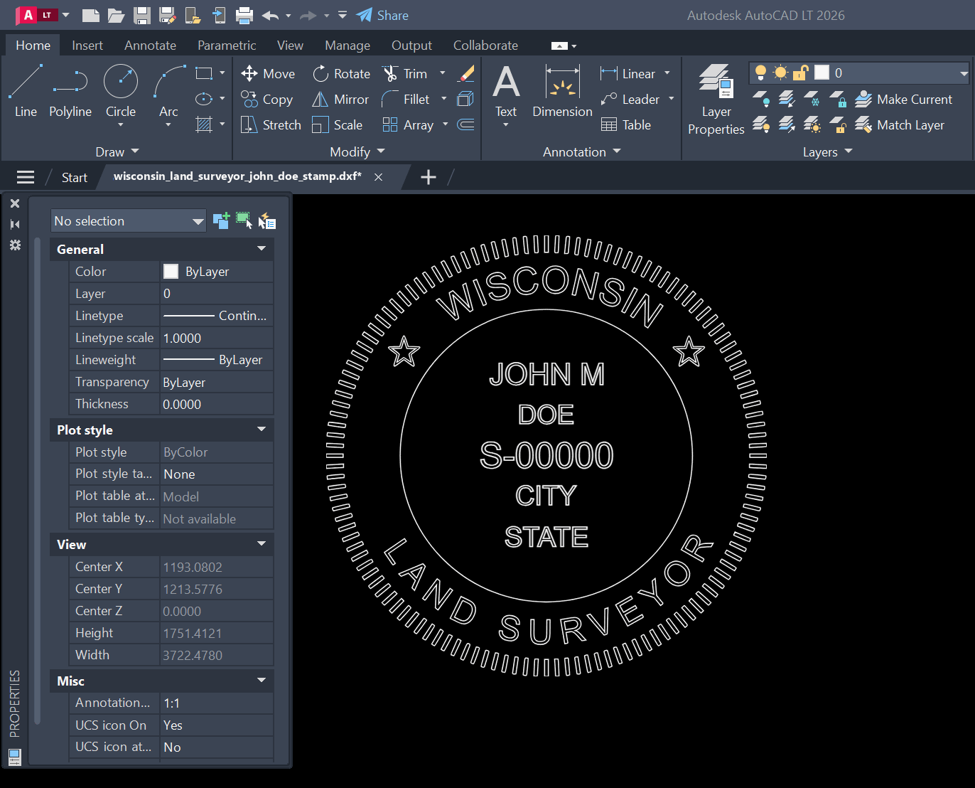 Wisconsin Land Surveyor stamp DXF opened in AutoCAD