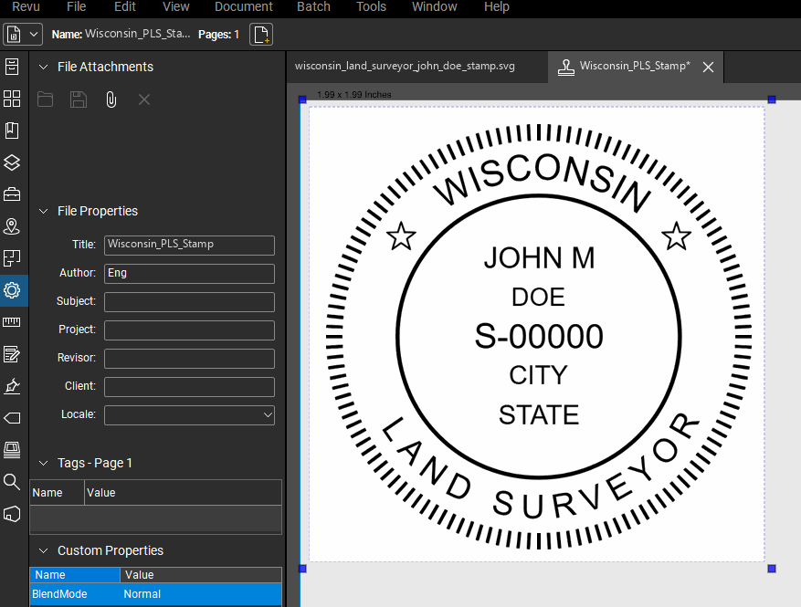 Wisconsin Land Surveyor stamp applied to a PDF drawing in Bluebeam Revu