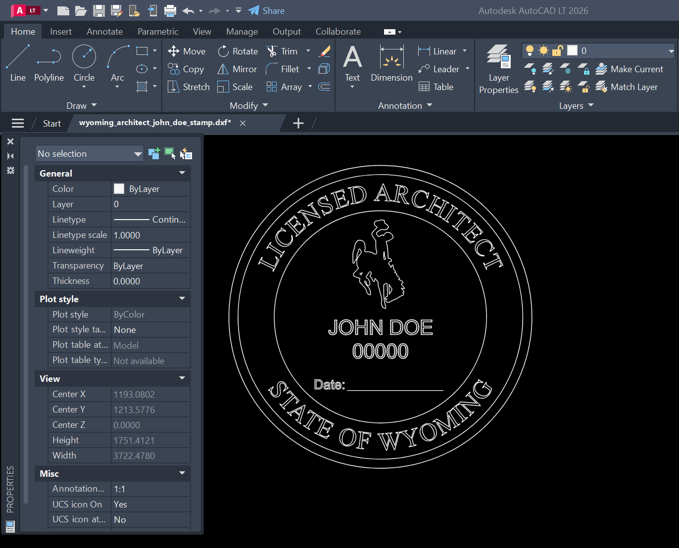 Wyoming Architect stamp DXF opened in AutoCAD