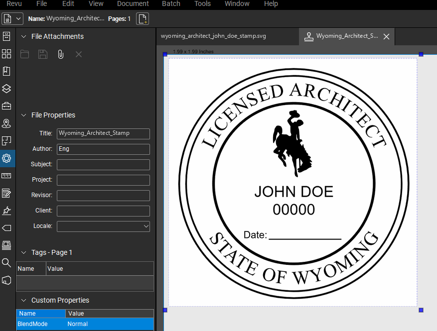 Wyoming Architect stamp applied to a PDF drawing in Bluebeam Revu