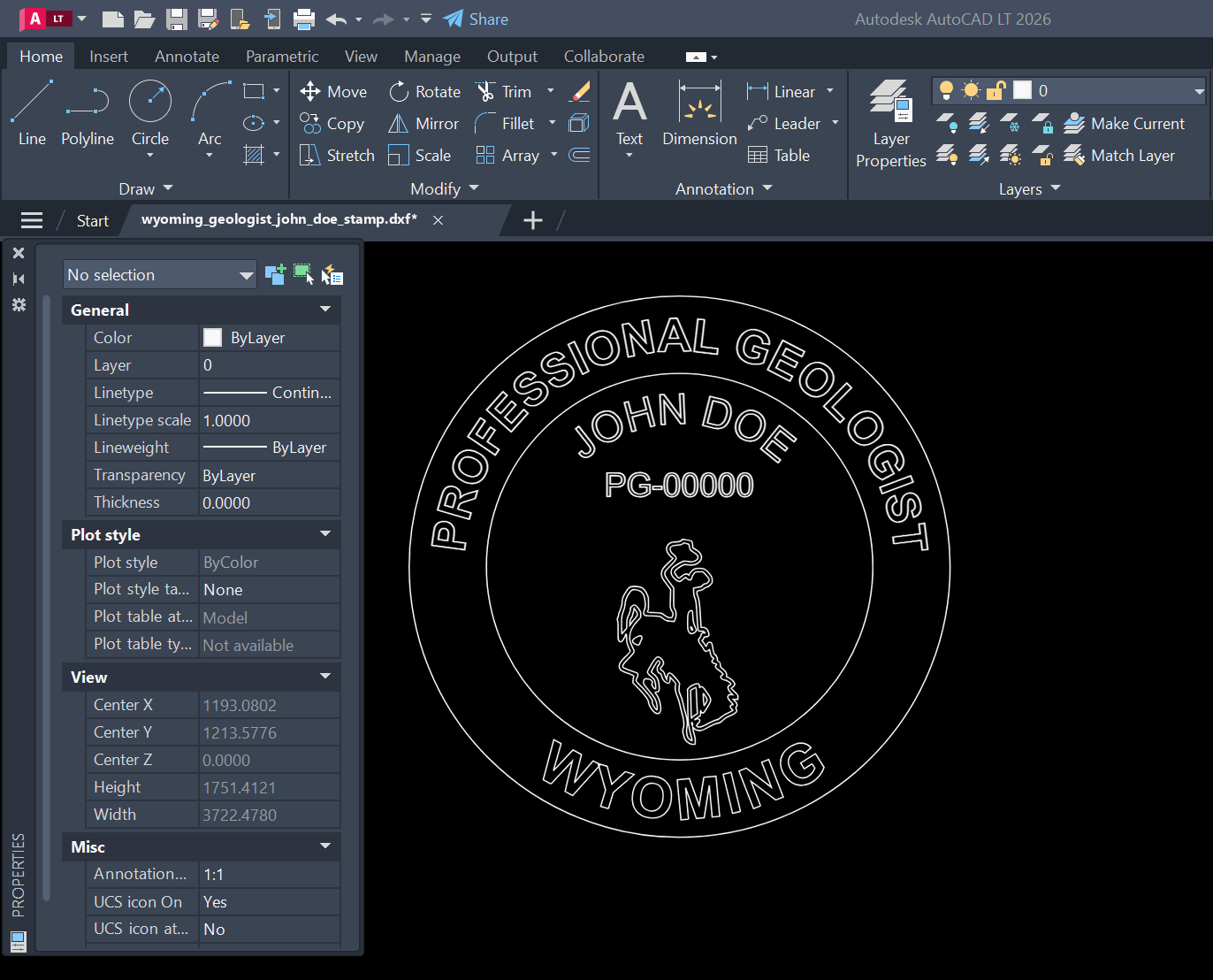 Wyoming Geologist stamp DXF opened in AutoCAD